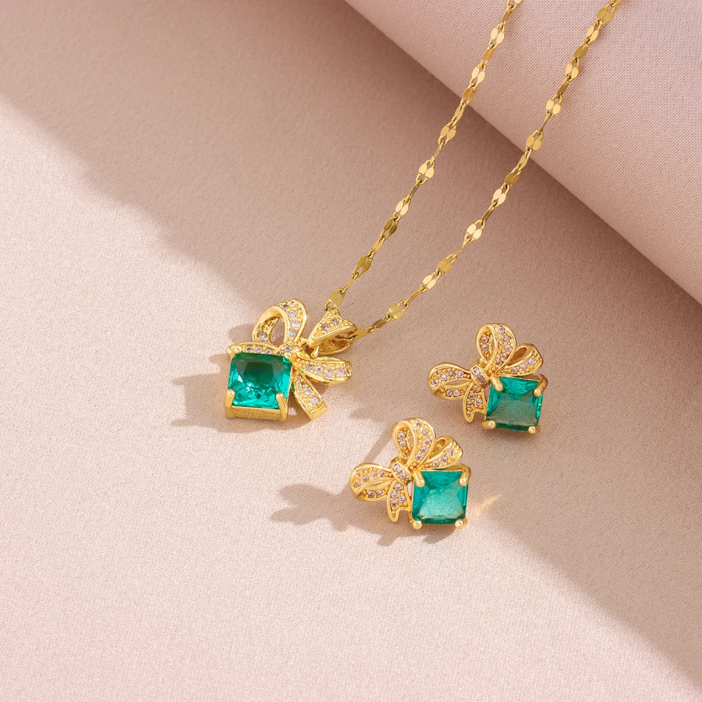 New Retro Blue Zircon Bowknot Necklaces Earrings For Women Trendy 18K Gold Plated Female Stainless Steel Jewelry Set Wholesale