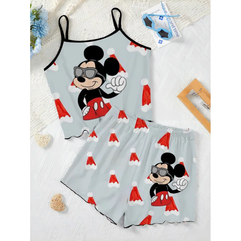 

T-shirt Mickey Top Minnie Mouse Elegant Women's Sets Pajama Skirt Slip Dress Disney Christmas Lettuce Trim Pieces Short Suit Top