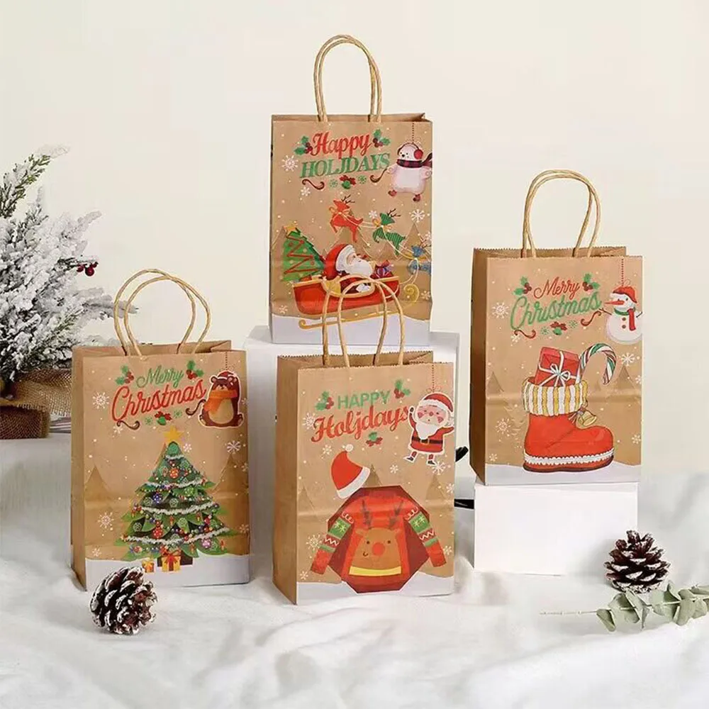 Christmas Decoration Kraft Paper Gift Bag with Handle Santa Claus Snowman Xmas Party New Year Holiday Candy Cookie Snack for Kid