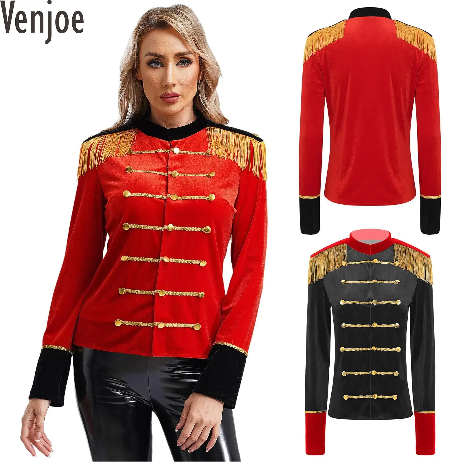 Womens Circus Ringmaster Cosplay Costume Long Sleeve Button Up Tassel Shoulder Boards Jacket Coat Outerwear for Halloween Party