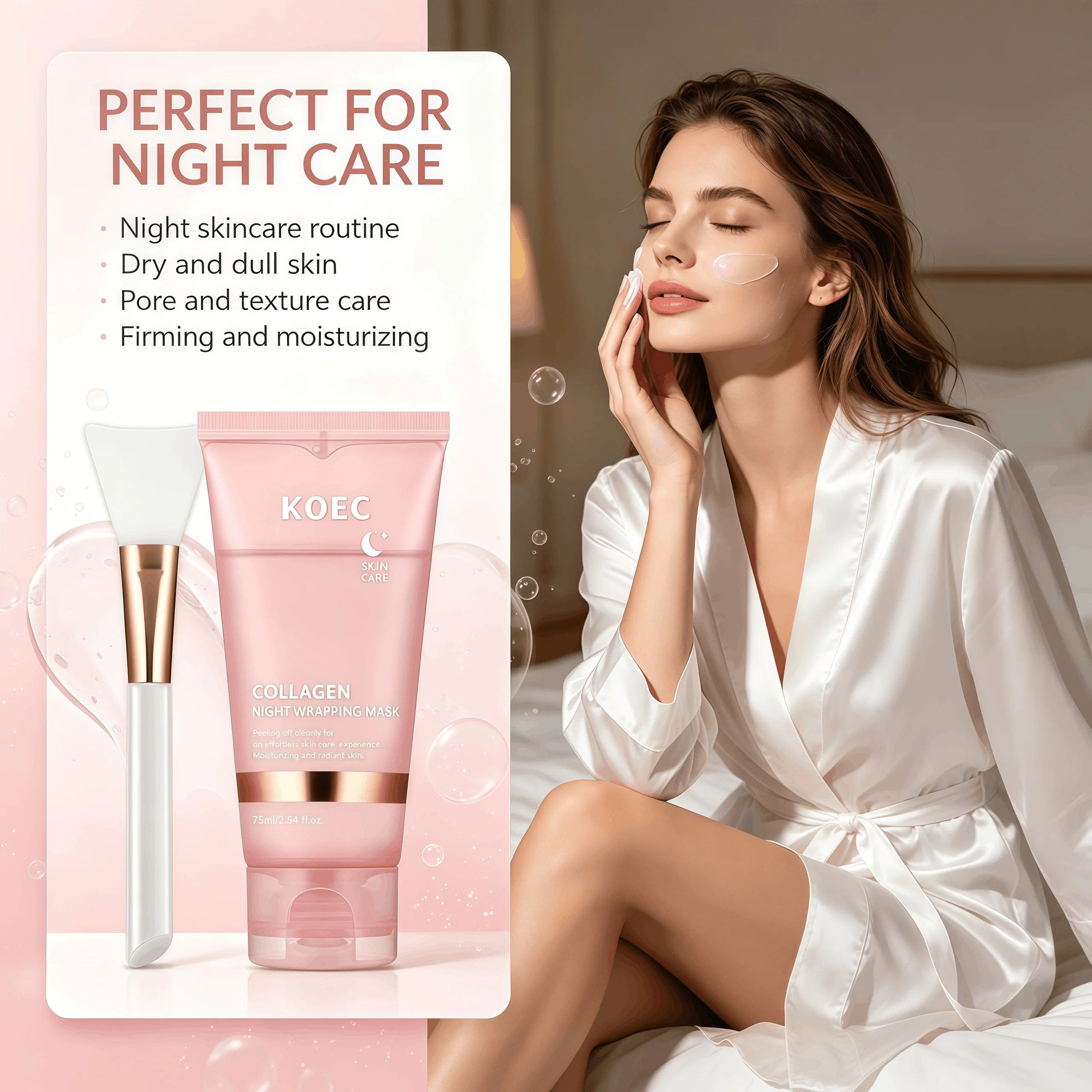 Collagen Peel Off Night Wrapping Mask, KOEC Hydrating Overnight Sleeping Facial Mask with Applicator Brush, Deep Collagen Moisturizer, Revives Dull Skin, Clean Peeling Skincare Mask for Smooth Radiant Complexion