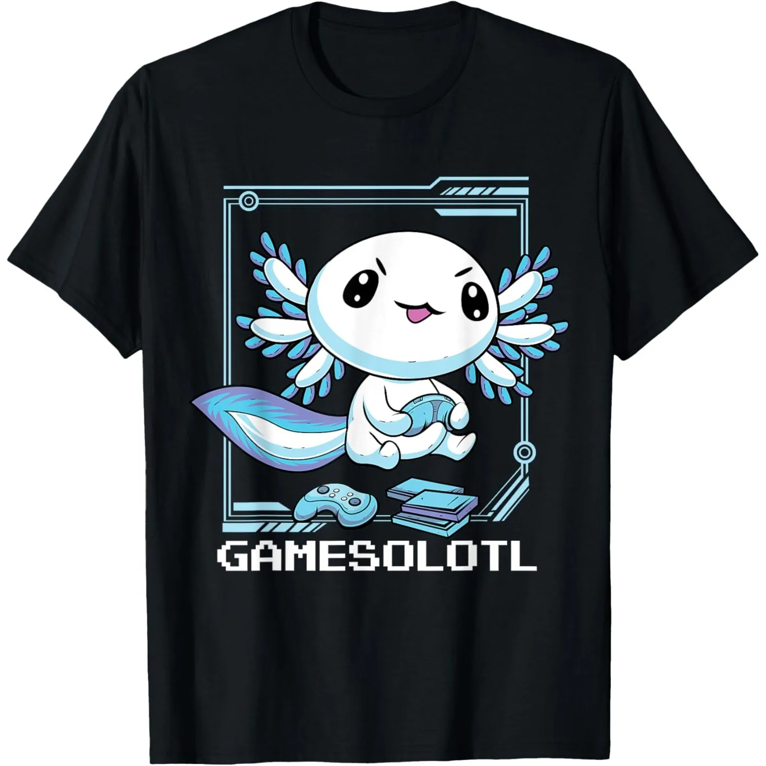 Gamer Axolotl Graphic Tee Men Funny Video Game Animal Print Short Sleeve T-Shirt