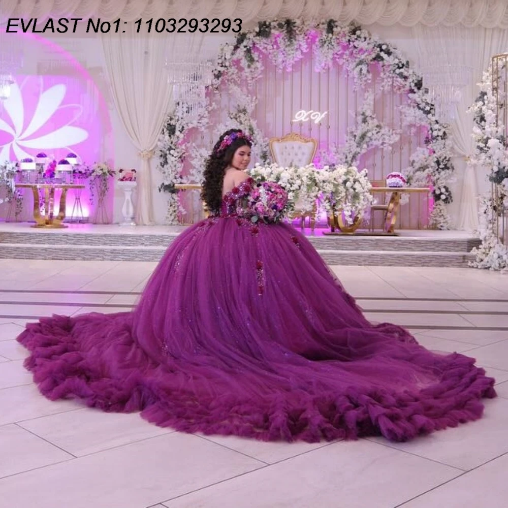 

EVLAST индивидуальное фиолетовое платье Quinceanera 2025 года, бальное платье с оборками, аппликация, корсет с бисером, Sweet 16, Vestido De 15 Anos E1Q403