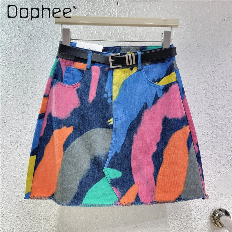 Korean Style Street Hipster Dyed Denim Skirt Female Summer Hot Girl Style High Waisted Fashion Printing A- Line Skirts for Women