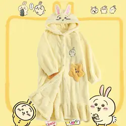 Kawaii Chiikawa Usaki Pajamas Anime Cartoon Plush Nightgown Women's Winter Warm Cute Coral Fleece Thickened Loungewear Set Gifts