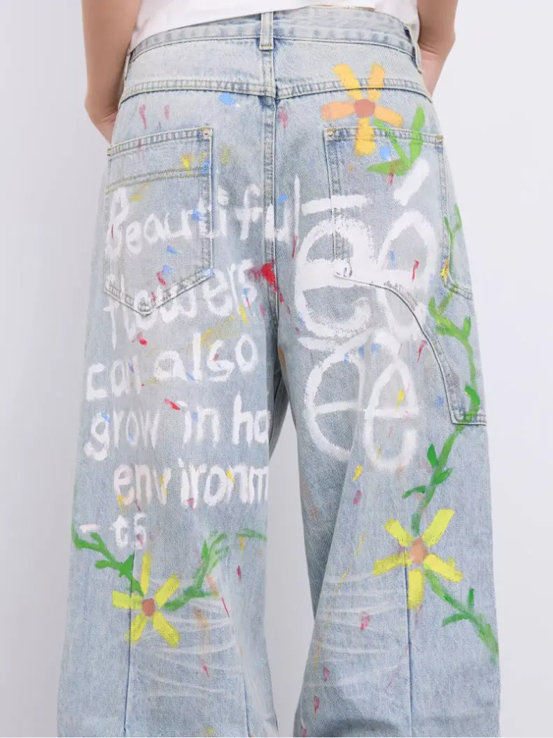 

Spring American casual cool vintage graffiti print jeans men's straight loose high street personalized wide leg pants