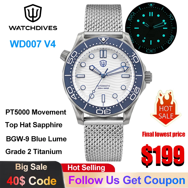 Watchdives WD007 V4 Top Hat Bubble Sapphire Crystal PT5000 Movement Grade 2 Titanium Mechanical Watch BGW9 Luminous Luxury Watch
