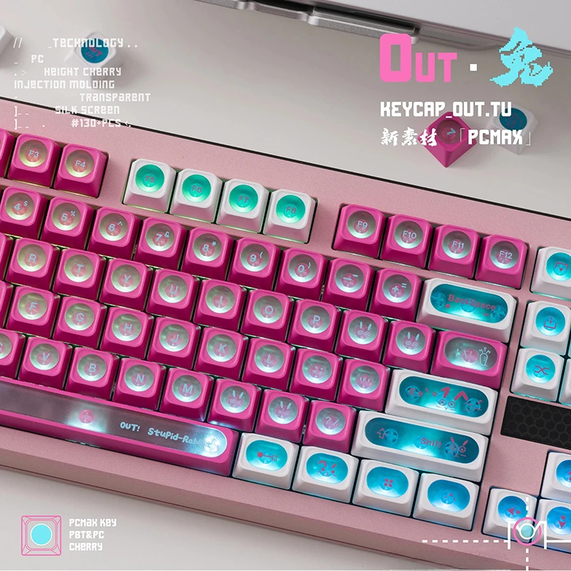 Pink Rabbit Transparent Keycaps Set PBT Sublimation Cherry Profile Keycaps for Mechanical Keyboard Custom Cute Keyboard Caps