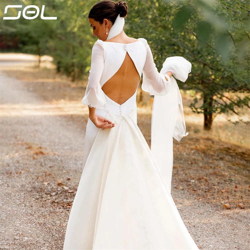 

SOL Elegant Long Tulle Sleeves V Neck Satin Wedding Dresses Simple Backless Mermaid Bridal Gowns Sexy Vestidos De Novia