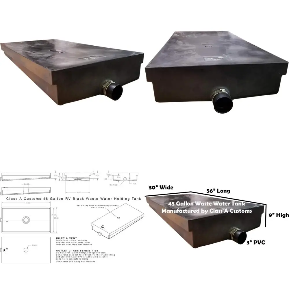 Tanque de água preto RV grande de 48 galões - Armazenamento de resíduos de alta capacidade para autocompensões classe A, 56 x 30 x 9 WT-4800