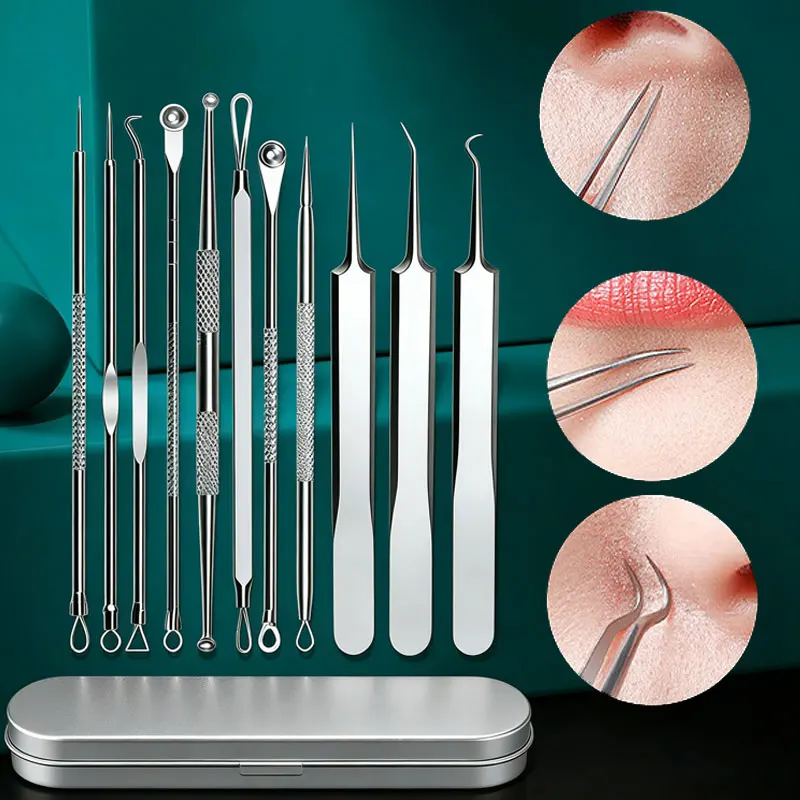 

11Pcs Acne Pimples Hair Tweezers Blackhead Removal Needles Black Dots Cleaner Deep Cleansing Pore Cleaner Face Skin Care Tools
