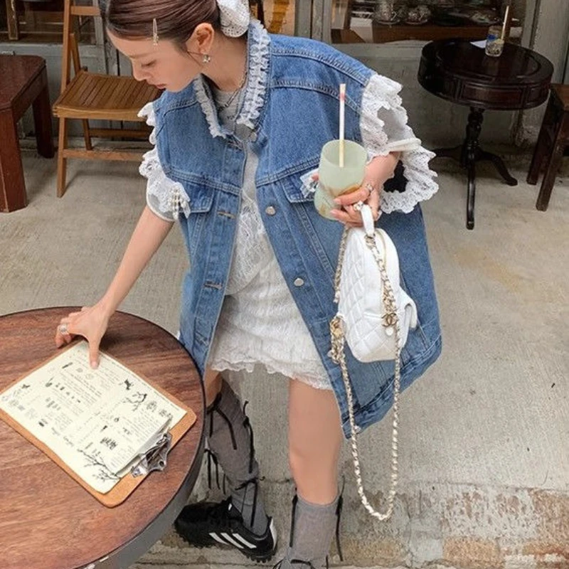 French Lace Denim Jacket 2025 Summer Design Sense Relaxed Retro Tank Top Women's Vest Top