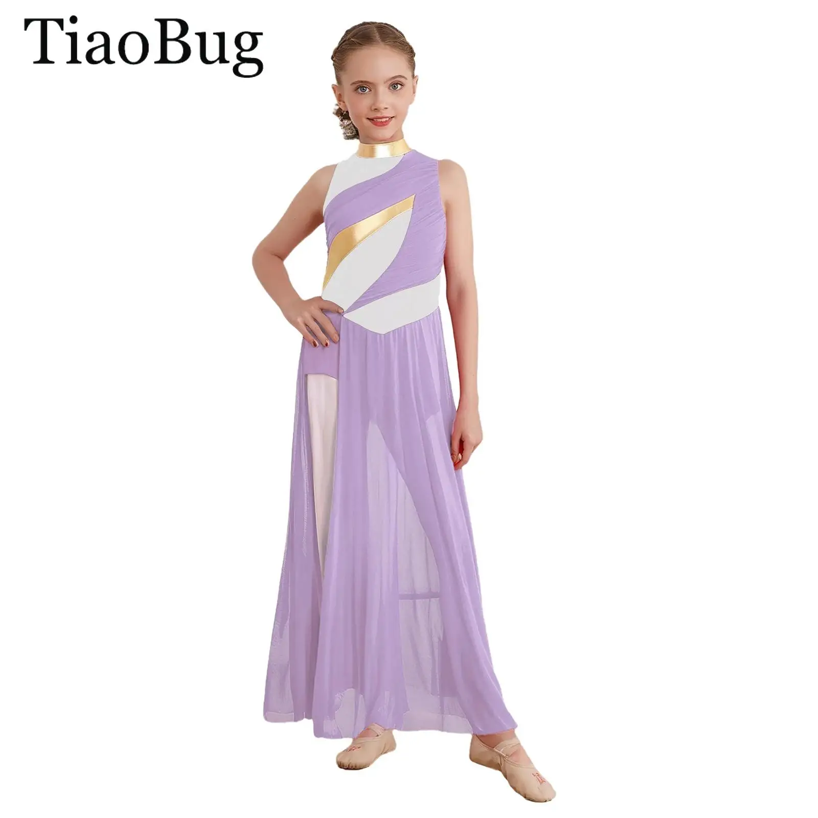 

Teen Girls Modern Lyrical Dance Dress Asymmetric Mesh Split Color Block Contemporary Gymnastics Figure Ice Skating Leotard Dress