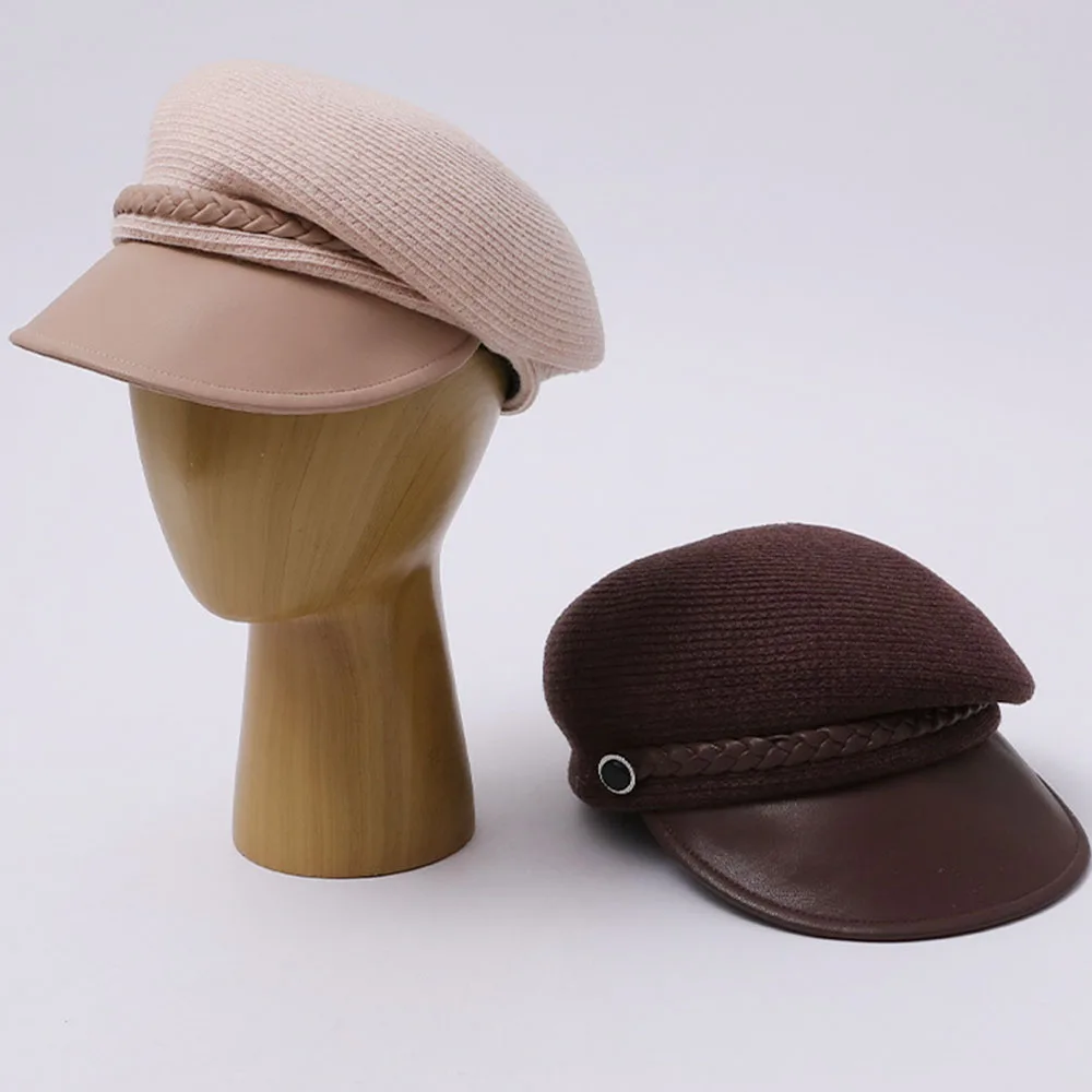 New Women Vintage Newsboy Cap PU Leather Brim Braided Decor Beret Hat Autumn Winter Warm Female Casual Solid Color Peaked Caps