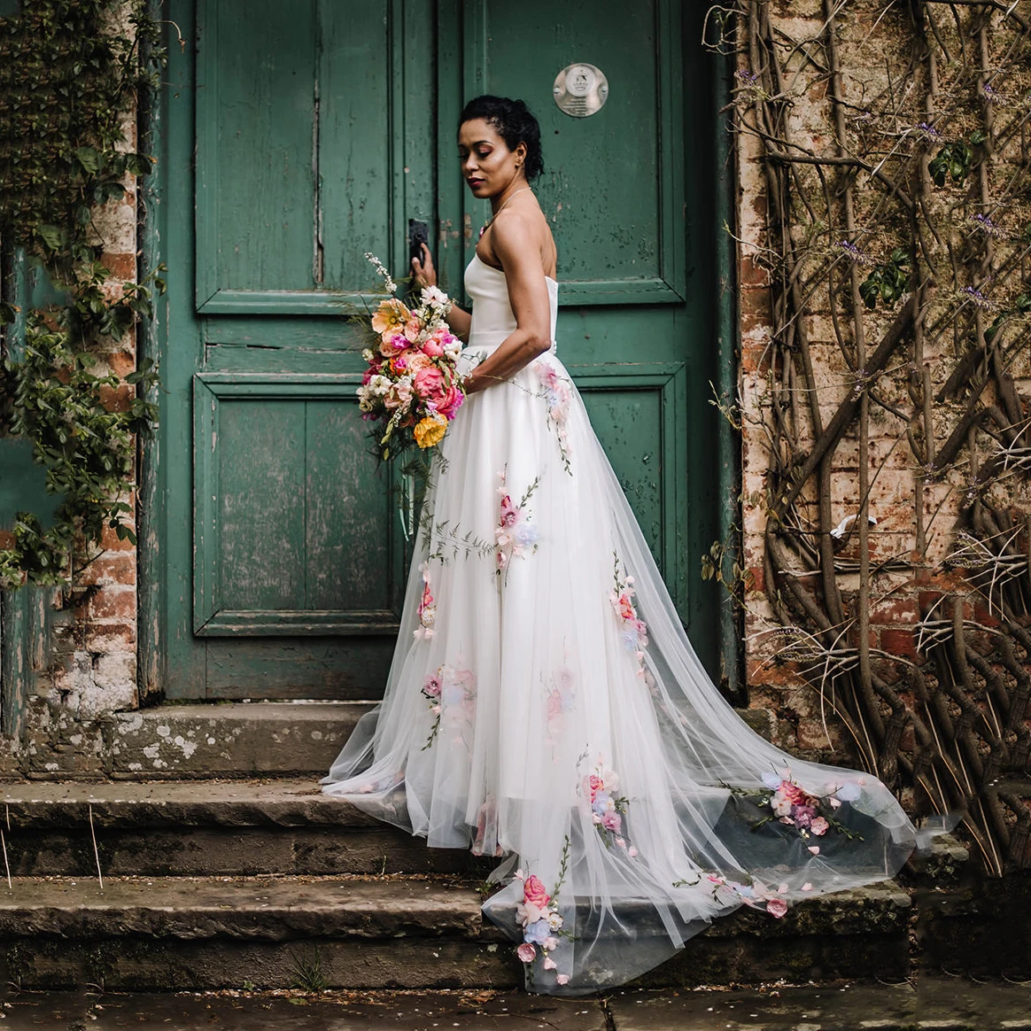 Vestido de novia de encaje 3D colorido sin tirantes bohemio, flores de hadas, sesión de fotos de maternidad, vestidos de novia de princesas hechos a medida