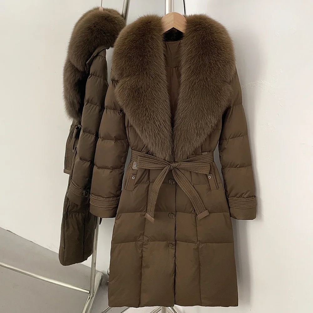2025 New Winter Real Fox Fur Long Clothes Women Belt Thickened Warm Natural Fur Duck Down Female Luxury Fashion Puffer Jacket