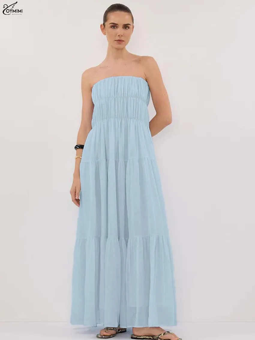 

Oymimi Casual Blue Cotton Dresses 2025 Woman Fashion Strapless Open Back Zipper Dresses Elegant High Waist Pleated Dress Female