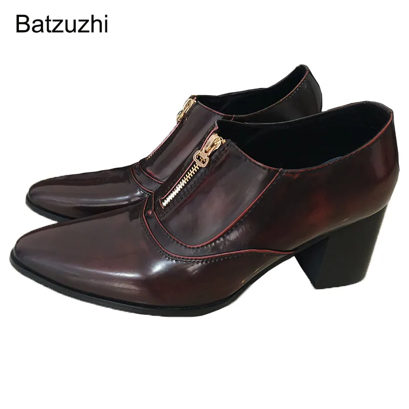 

Batzuzhi 7cm Heels Men's Shoes Wine Red Genuine Leather Dress Shoes Men Special Metal Toe Business Formal Oxford Shoes, EU38-46