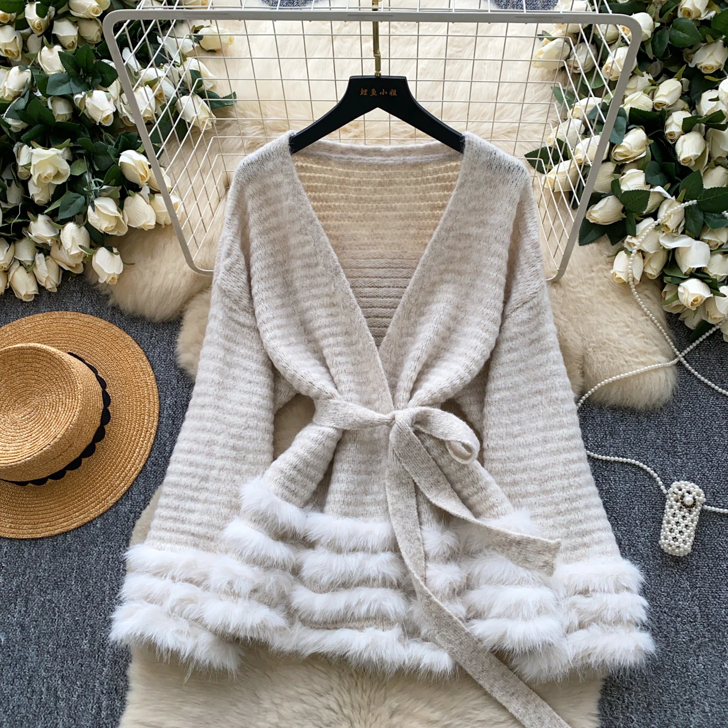 

Женское зимнее пальто на талии из искусственного меха, женский вязаный кардиган с открытой строчкой, женский элегантный модный роскошный многослойный меховой уличный костюм