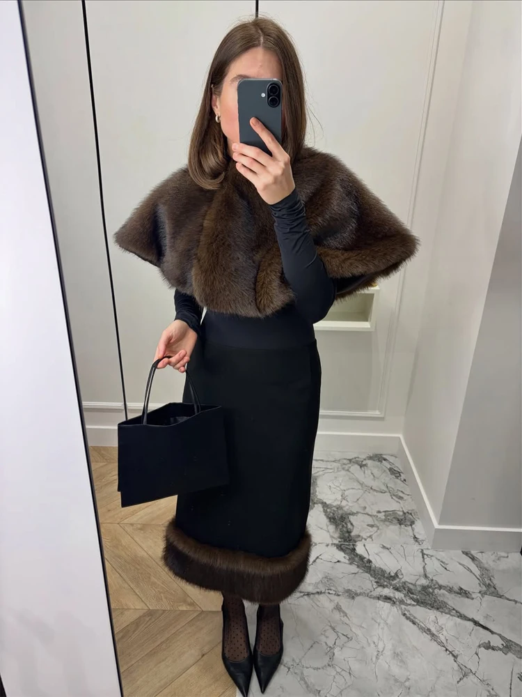 Vrouwen Luxe Nepbont Sjaal Chic Solid Patchwork Ronde Hals Brede Schouders Korte Mantel Jas Mode Dame Herfst Straat Outwears