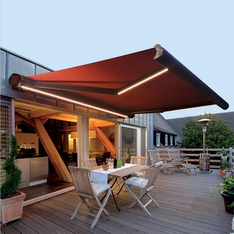 Customized Large Outdoor Sun Protection Canopy Easy To Install Leisure Panoramic Sunshade with LED Lights Full Cassette Awning
