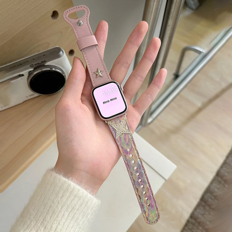 Ремешок кожаный с заклепками Star для Apple Watch Band 40 мм 41 мм 38 мм 44 45 Ultra 49 мм, женский браслет для IWatch Series 9 8 7 SE 6