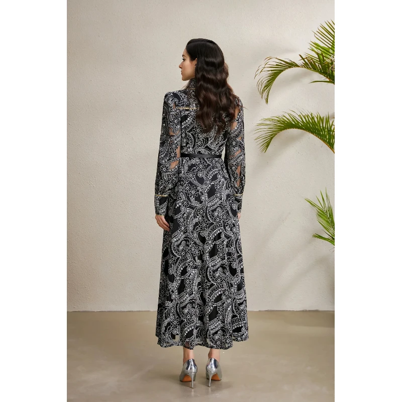 فستان ماكسي نسائي عتيق لخريف 2025 مع حواف ذهبية بروش مطرز بحاشية واسعة ودانتيل أنيق ملابس سهرة رسمية