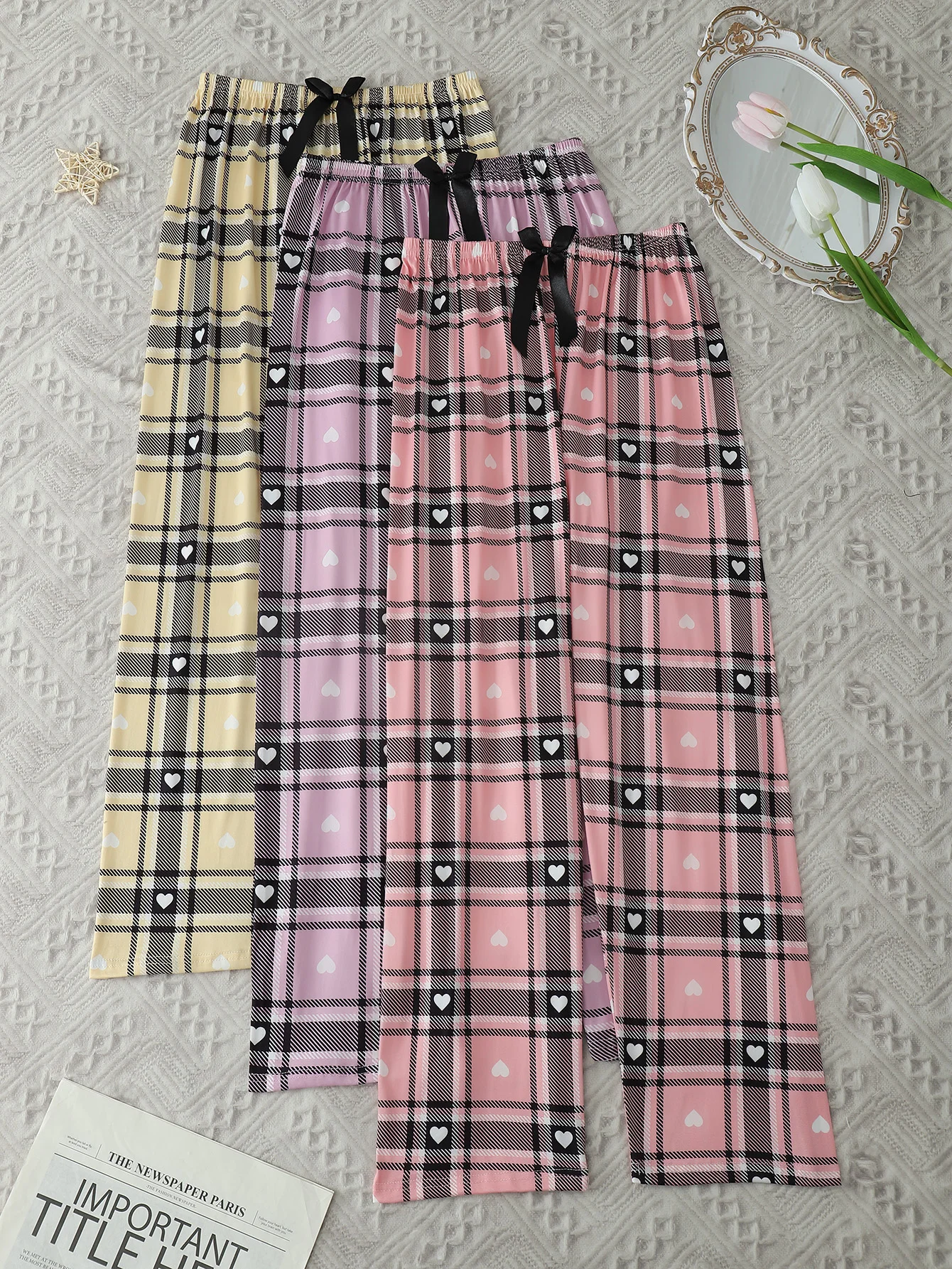 

3pcs Ladies Four seasons love pajama pants Pink purple yellow skin friendly comfortable breathable ladies pajama pants set