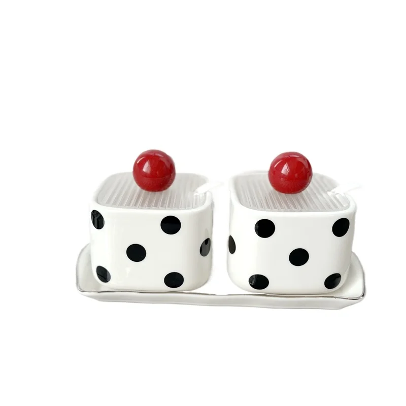 Black-and-white Polka-dot Ceramic Seasoning Jar Simple Household Salt Jar Seasoning Jar Storage Seasoning Box Kitchen Supplies