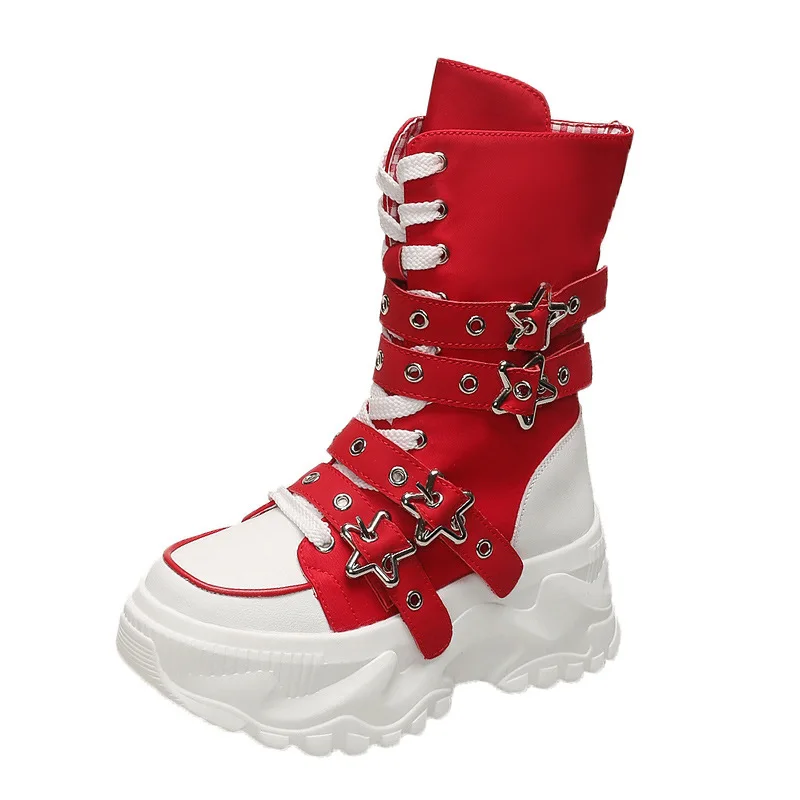 Women's Platform Combat Boots Gothic Star Buckle Mid-calf Boots Lace-up Thick Sole Motorcycle Boots Black/red/yellow/white view 5