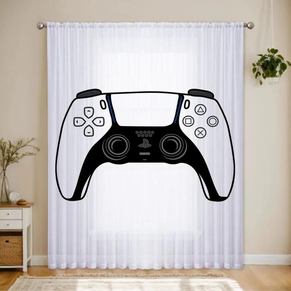 1PC Sheer Curtain Black White Game Controller Print, Rod Pocket Window Curtain for Living Room Bedroom Gaming Decor