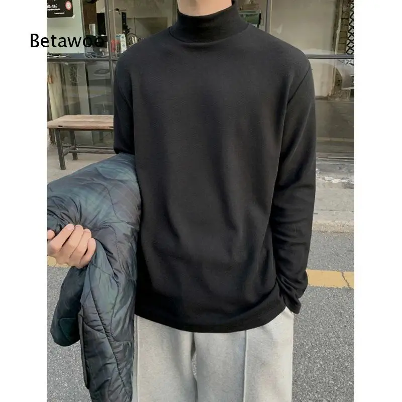 Mens Mock Neck Undershirt Loose Warm Mid Collar Inner Top Korean Long Sleeve Solid T Shirt Suitable For Autumn And Winter Daily