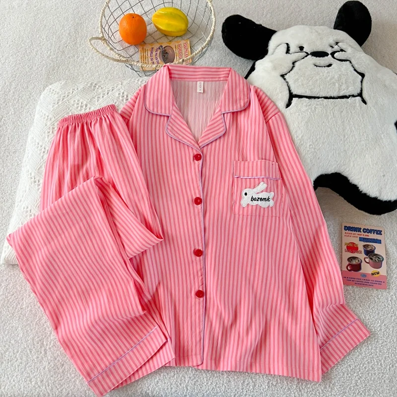 Embroidery Letter Pajamas Set Striped Rabbit Print Autumn Long Sleepwear Home Suit 2026 Lapel Neck New 2 PCS Women's Nightwear