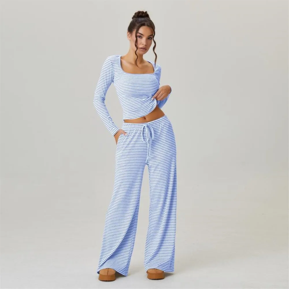 

Весенне-осенняя повседневная полосатая футболка с длинными рукавами, брюки, комплект из 2 предметов, модный комплект с эластичной завязкой на талии, широкие спортивные брюки, женский комплект