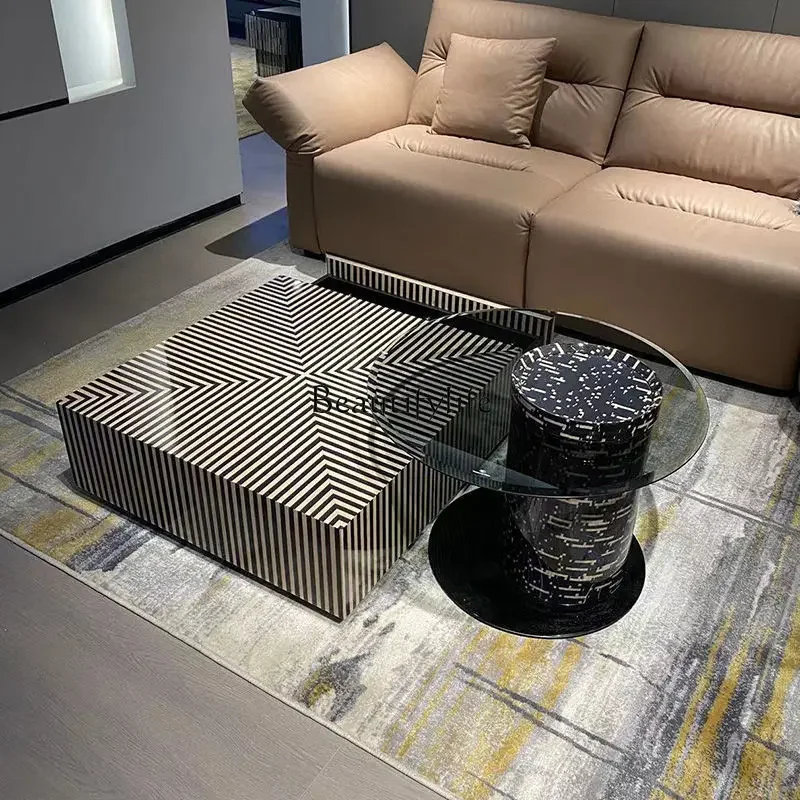 Zebra striped coffee table combination living room household small apartment tempered glass square coffee table