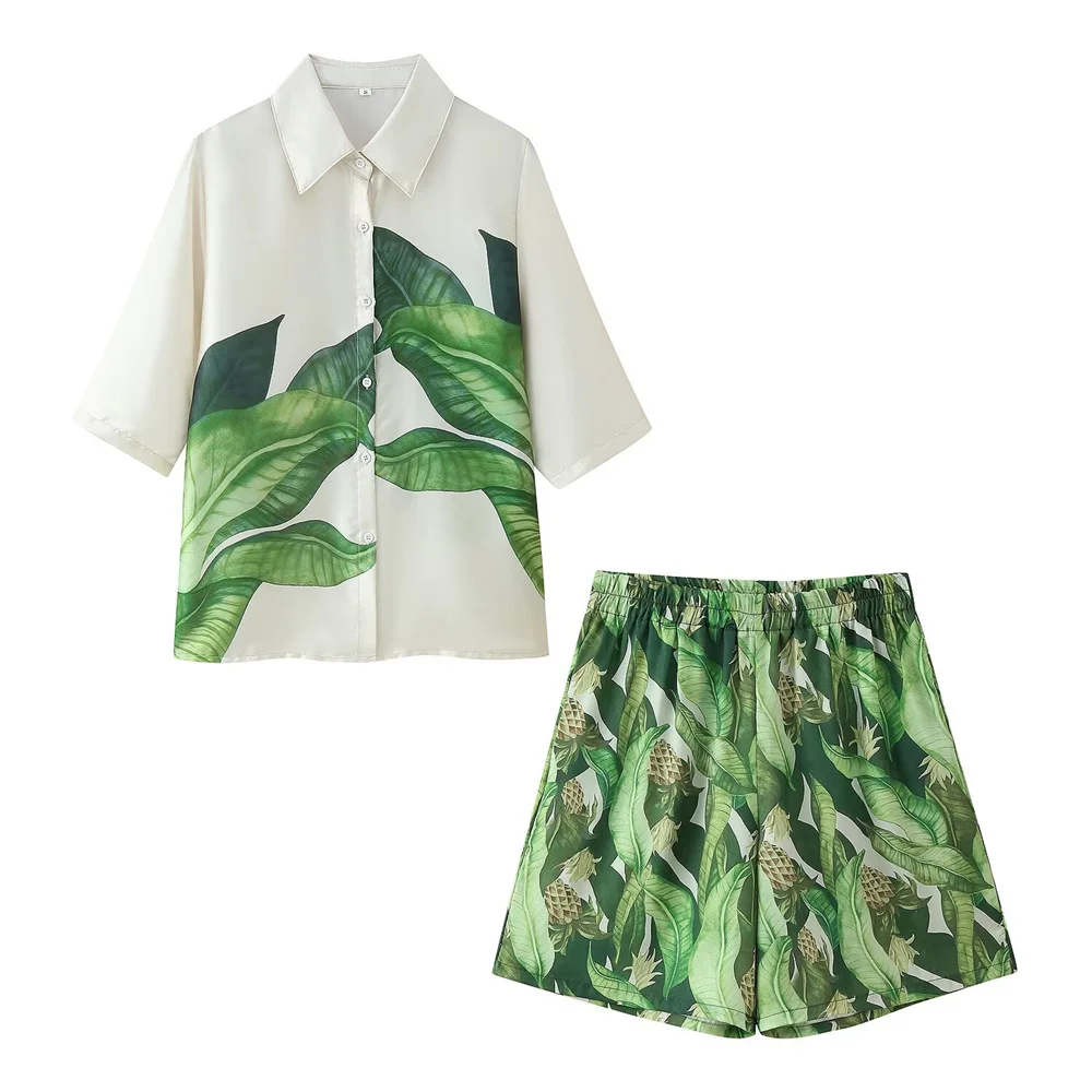 

UNIZERA 2025 New Product Women's Elegant Design European and American Style Short Sleeve Satin Printed Shirt&Shorts Set