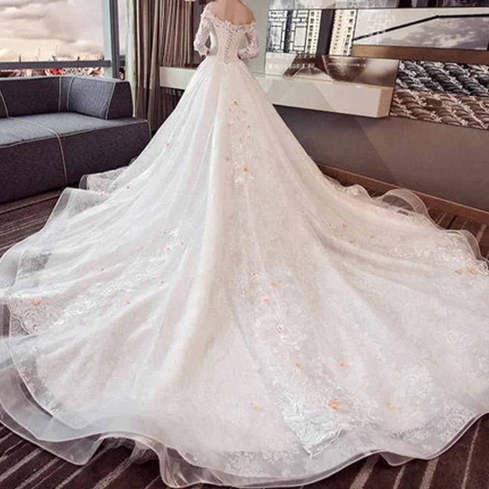 Exquisite Appliques Lace Boat Neck Off the Shoulder Organza Wedding Dresses Formal A-Line Floor Length 3/4 Sleeves Bridal Gowns