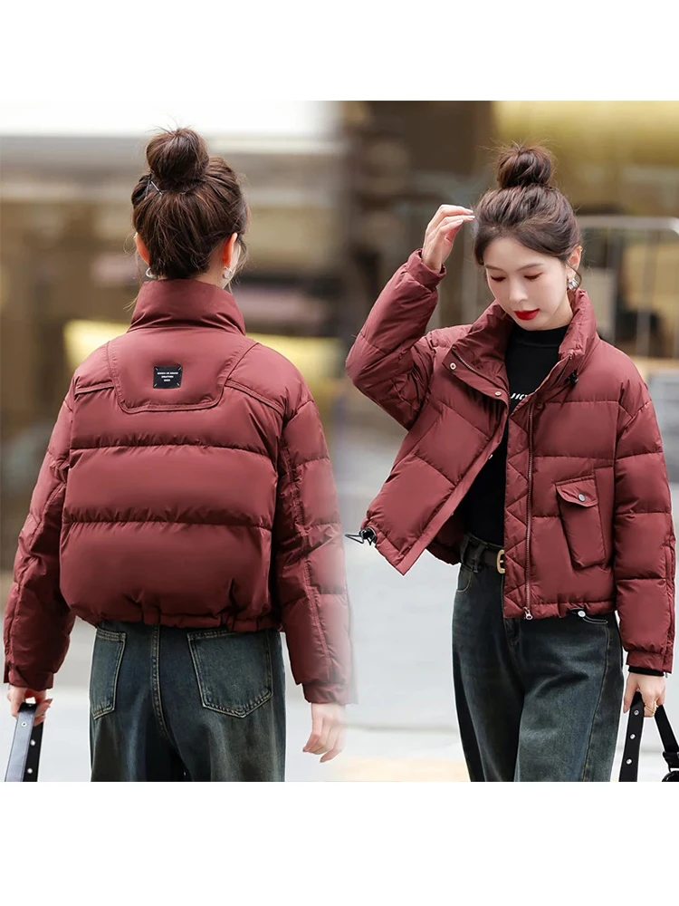 

Red Ladies Stand Collar ort Cotton Jaet Thi Warm Winter Coat Slimming Bread Sle Korean Version Loose Fit Women's Coat