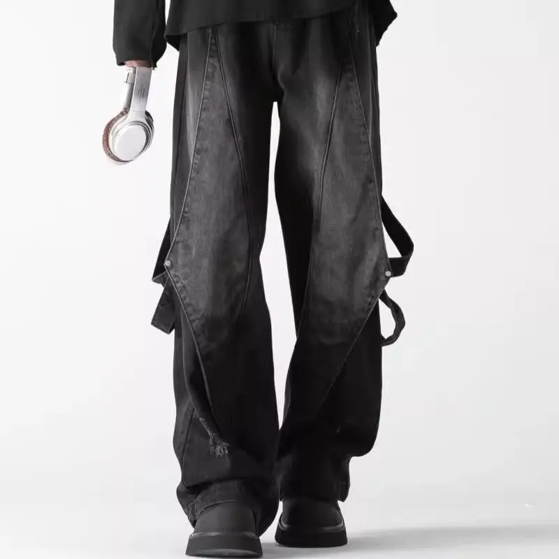 

American High Street Style Fashion Men's Black Blue Spliced Casual Trendy Simple Basic Loose High Waist Jeans Pants Male Clothes