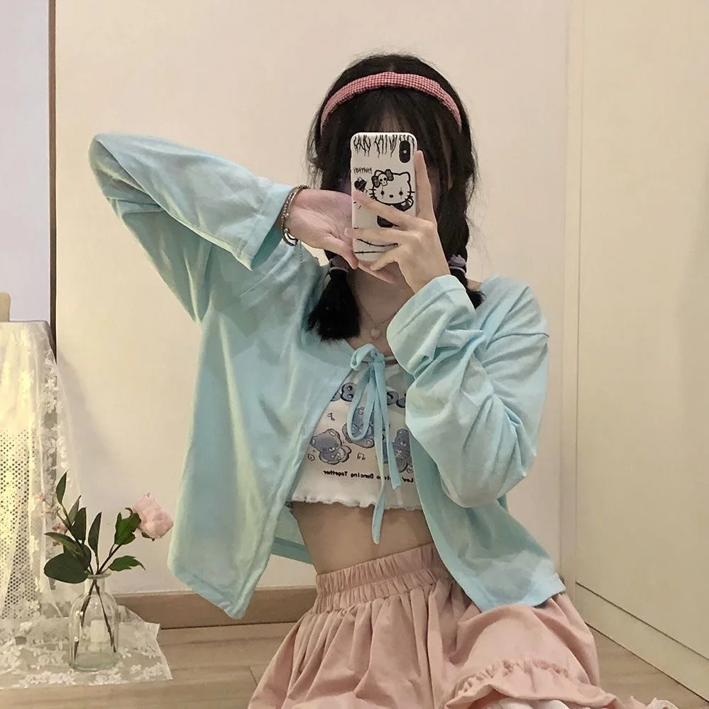 

Sunscreen Shirt Women Cardigan Long Sleeve Tops Japanese 2000s Style Summer Thin Blouse Shirt Loose Bikini Cover Up Beachwear