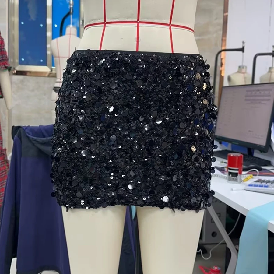 Women's Solid Color Sequin Bodycon Mini Skirt Y2K Shiny Club Party Skirts for Trendy Fashion