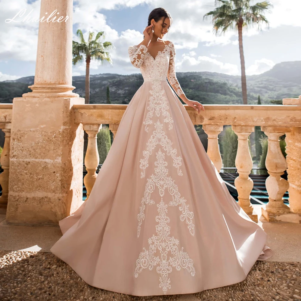 

Lhuillier Customized A Line Scoop Neck Satin Wedding Dresses Floor Length Backless Lace Bridal Dress with Court Train