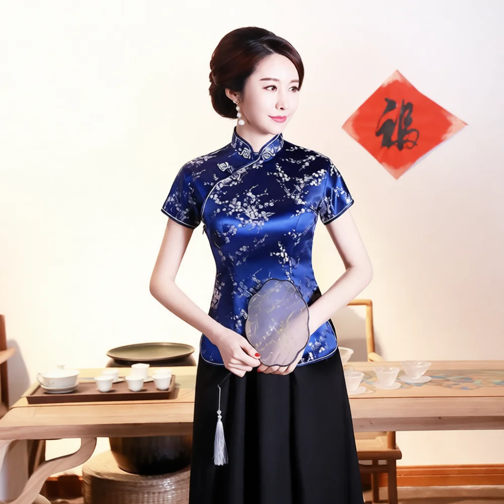 Elegant Vintage Cheongsam Blouse Chinese Style Brocade Top Womens Slim Fit Floral Tang Suit Summer Formal Party Wear
