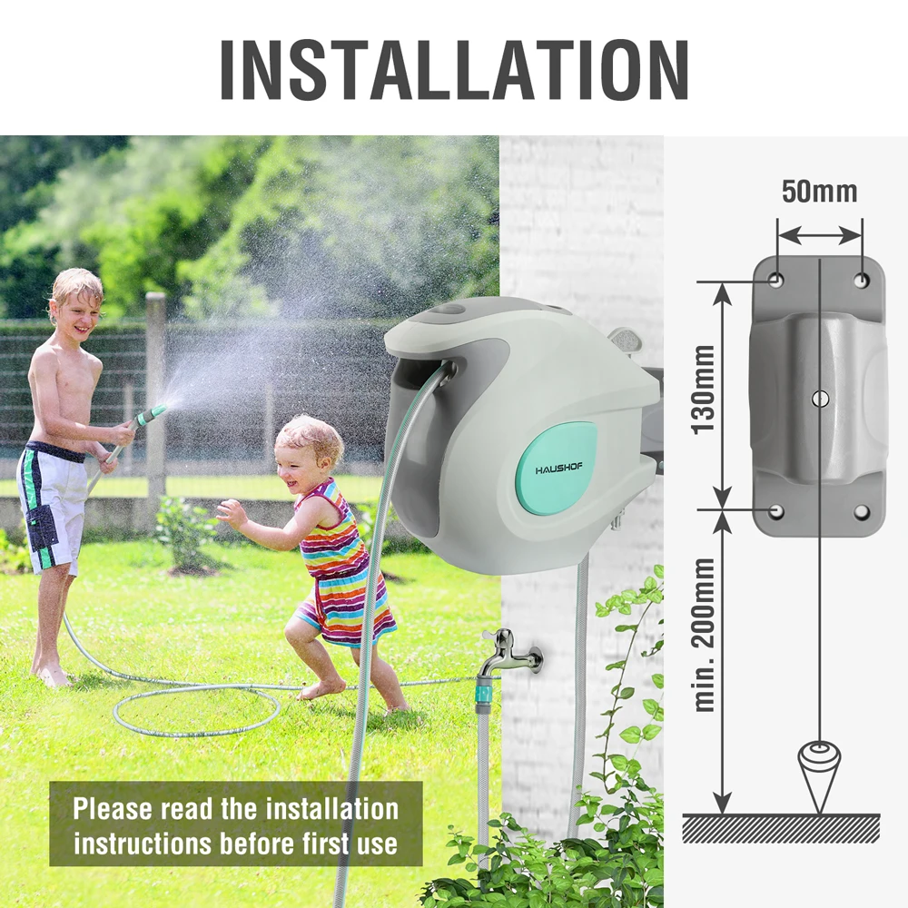 HAUSHOF Hose Reel Wall Mounted Retractable Garden Hose Reel with 20+2M Hose Locking Mechanism Roll-up Automatic 7 in 1 Spray Gun
