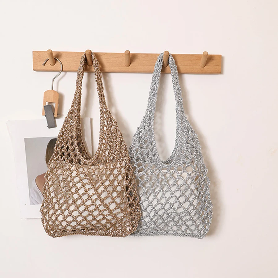 

Gold/silver bright paper ropes hollow woven bags cotton lining straw bag female Reticulate handbag netted beach shoulder bags