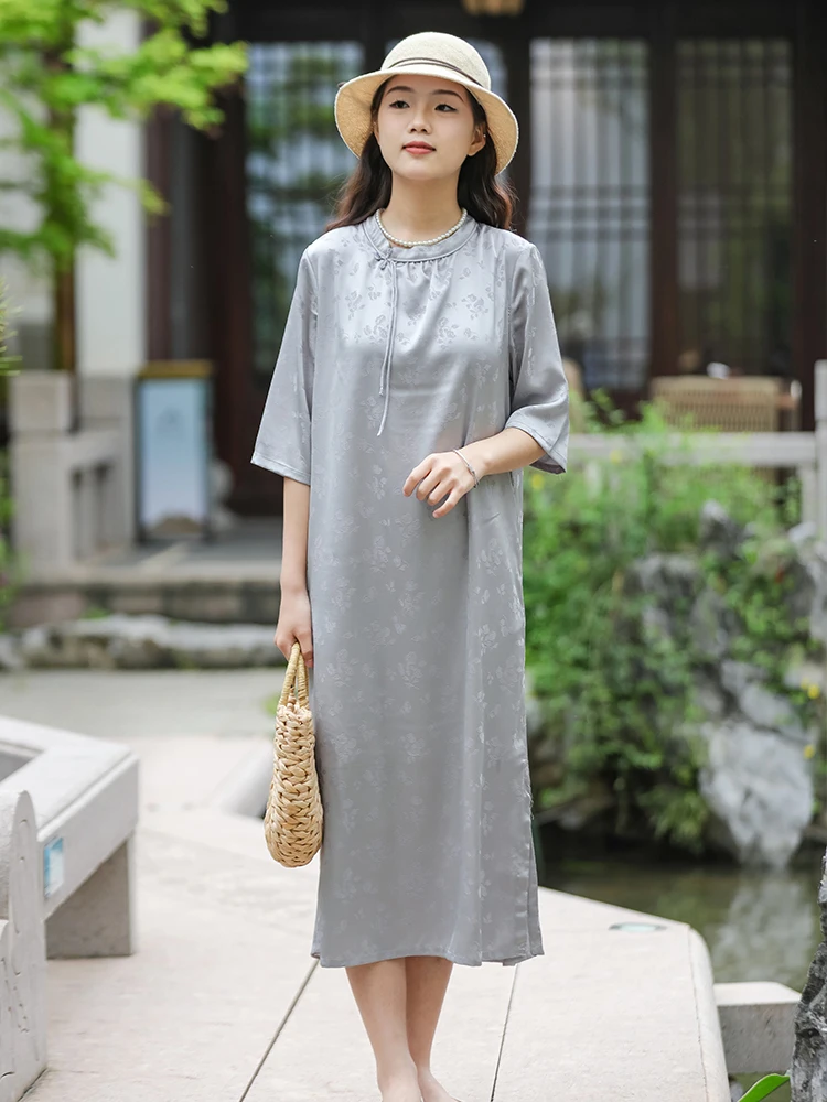 

Новое китайское летнее женское платье для чайной церемонии, длинное, свободного кроя, с завышенной талией, из полиэстера, в стиле ципао