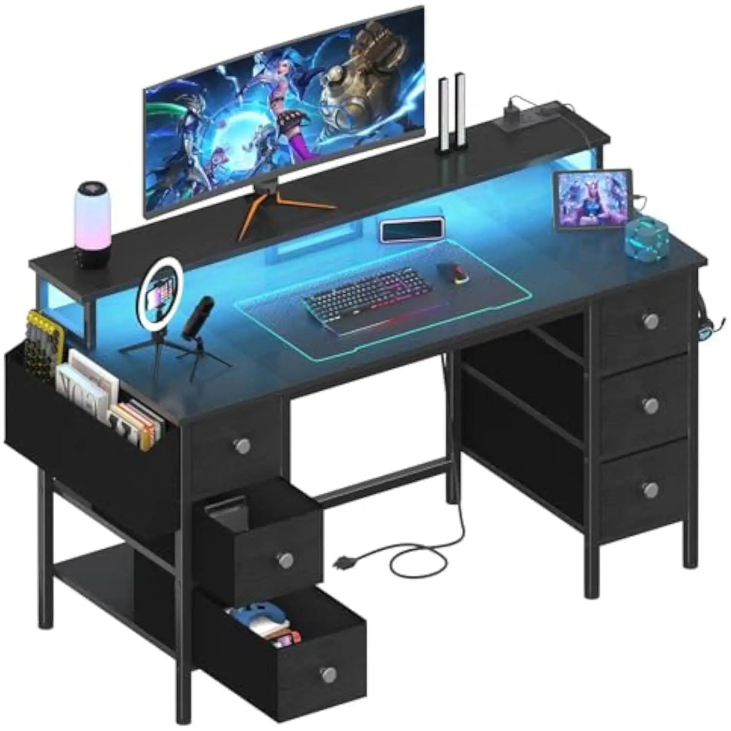 

Игровой стол со светодиодной подсветкой и розетками, Компьютерный стол 47 Sü Vissayı с тканевыми ящиками и полками для хранения, Стол для домашнего офиса W