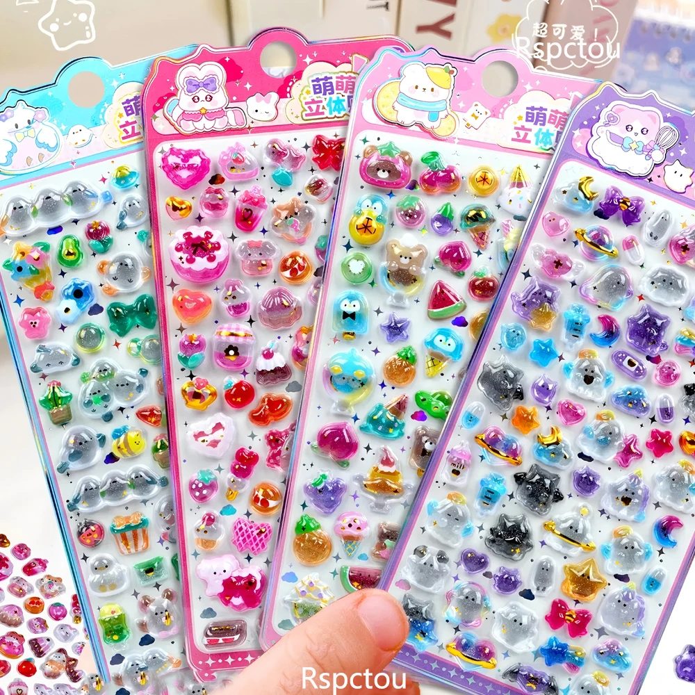 

4 шт. милые 3D-наклейки с рельефным изображением фруктов и животных, эстетичные кавайные стикеры с кристаллами и пузырьками для декора чехлов телефонов, подарки