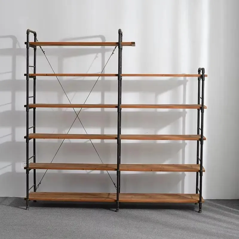 American Industrial Style Retro Wrought Iron Solid Wood Floor Shelf Living Room Furniture Storage Rack Display Stand
