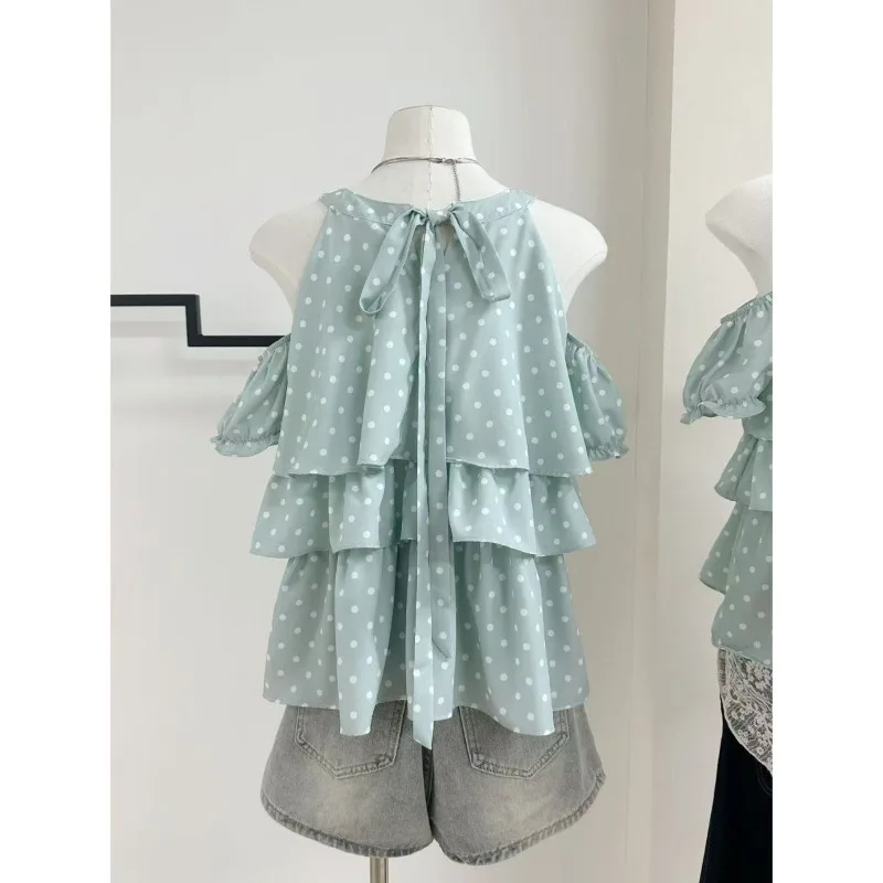 

Kimotimo Polka Dot Off Shoulder Short Sleeve Top Women Summer Sweet Tierred Ruffle Chic Shirt Japanese O-neck Bandage Y2k Blouse